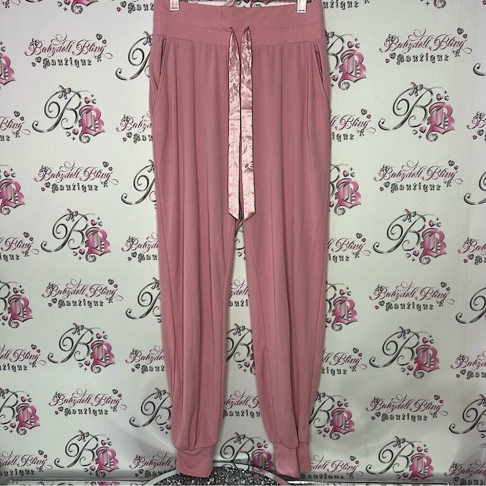 Victoria’s Secret pants ribbed pink fabric silk satin tie jogger style lounge